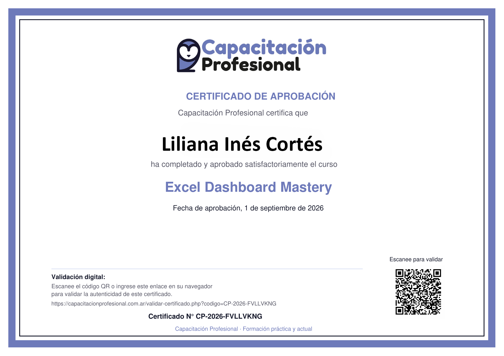 Ejemplo de certificado de aprobación de Capacitación Profesional