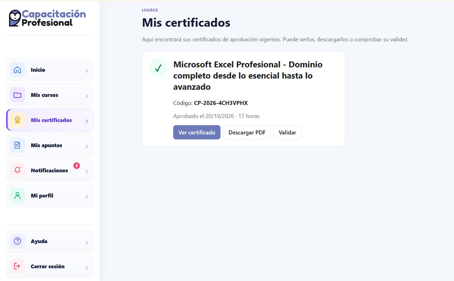 Sección Mis certificados dentro de la plataforma