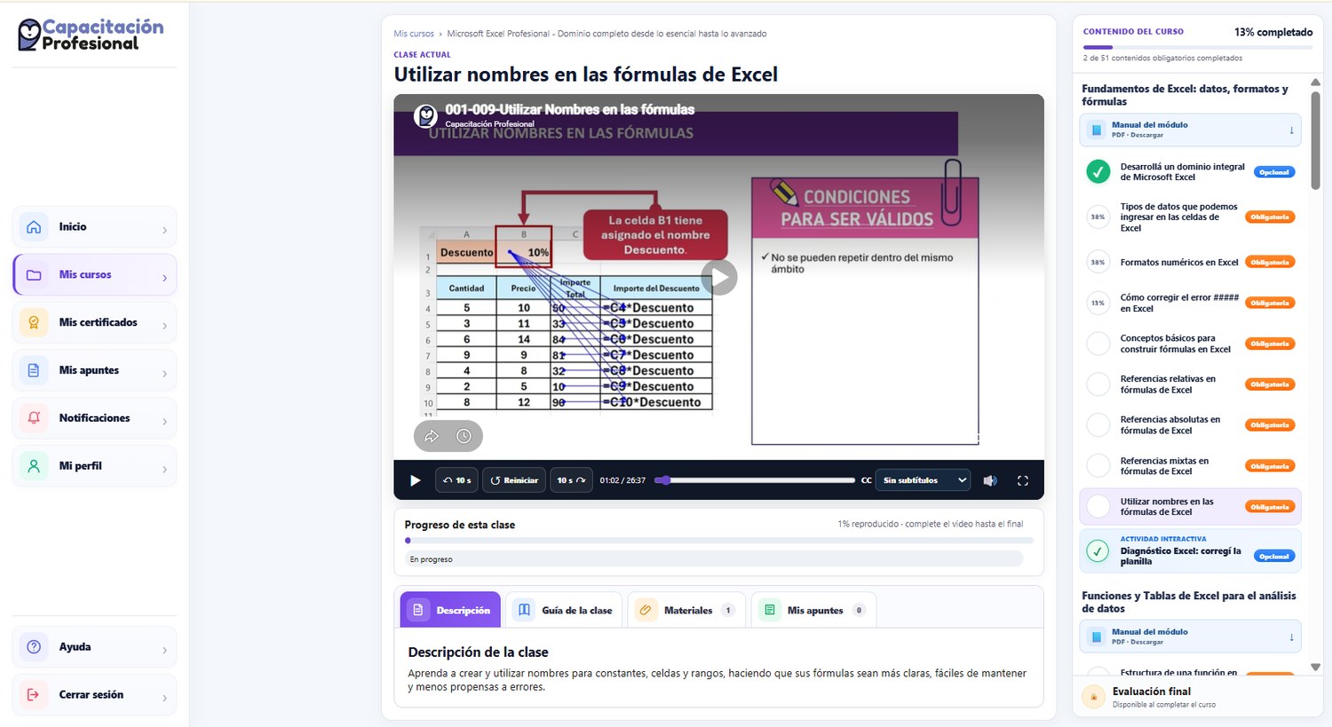 Curso abierto con video, materiales, progreso y contenido