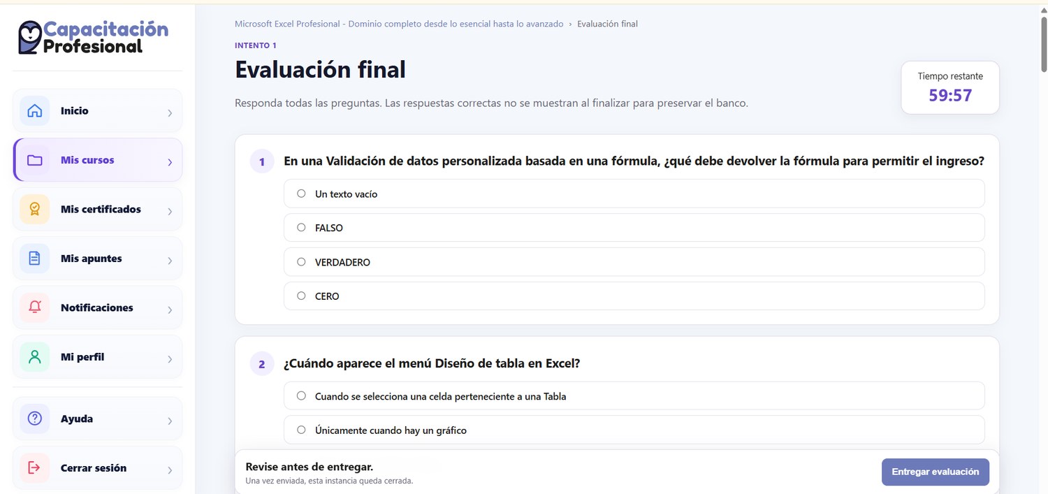 Evaluación final con preguntas y temporizador
